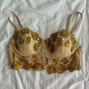 ✨ SOLD ✨ Beaded Rhinestone Beige Gold Adjustable Strap Bustier Bra Crop Top S XS